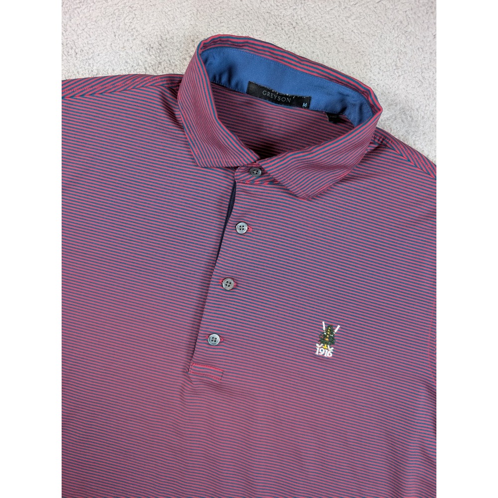 Greyson Mens Performance Golf Polo Shirt Red Blue Striped 1916 Crest Size Medium